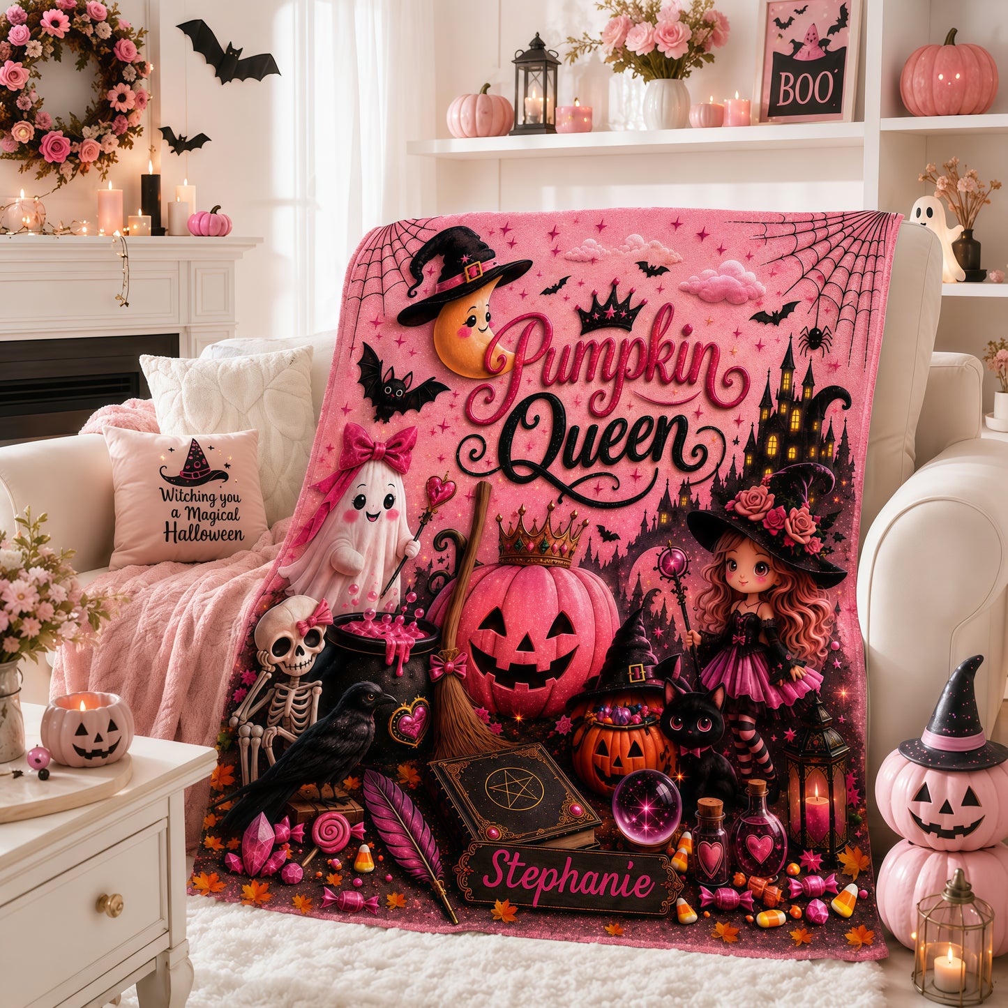Pumpkin Queen - Personalized Pink Halloween Blanket - Gift For Halloween