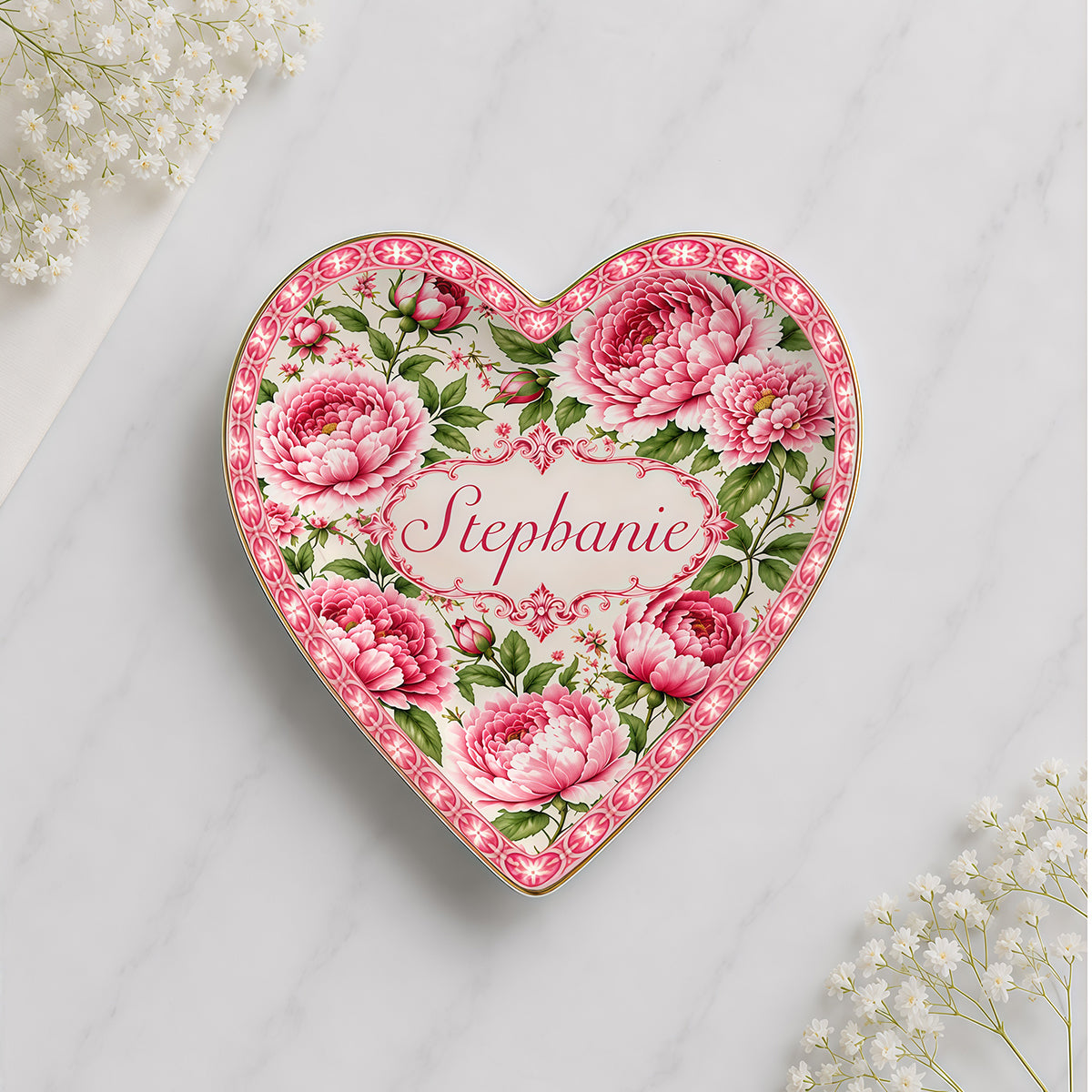 Charming Peony Paradise & Baroque Pattern - Personalized Jewelry Dish - Gift For Her, Bestie, Family Members