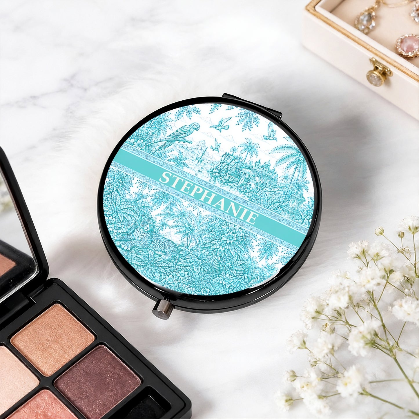 French Riviera Collection & Toile De Jouy Pattern Aquamarina - Personalized Circle Metallic Compact Mirror