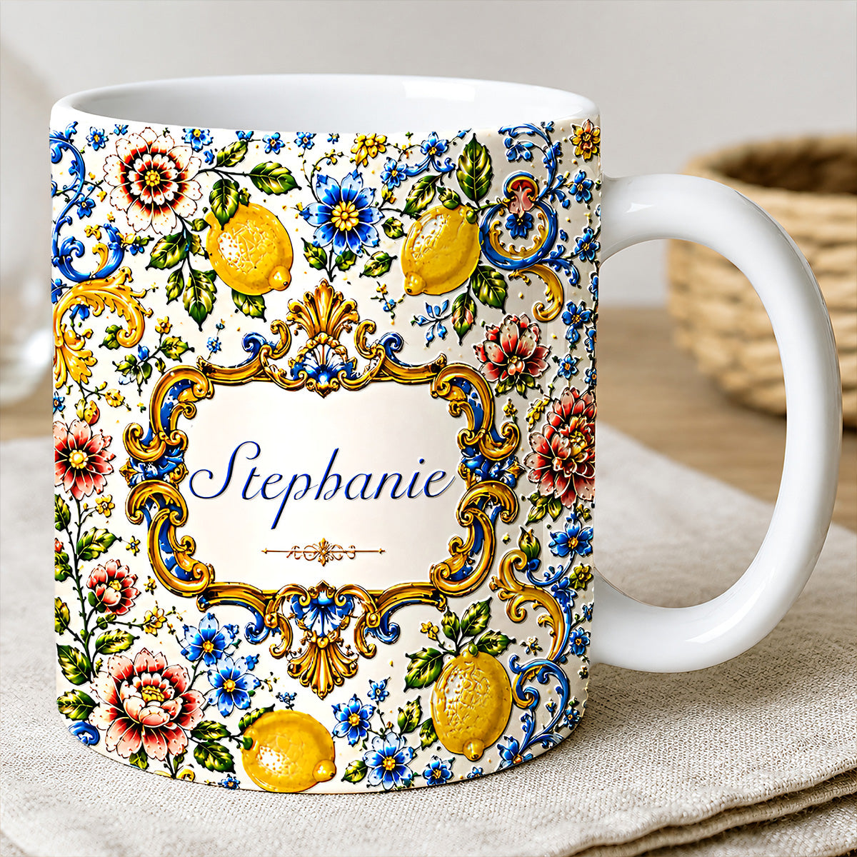 Mediterranean Style & Majolica Print Blue Lemon - Personalized 3D Accent Mug