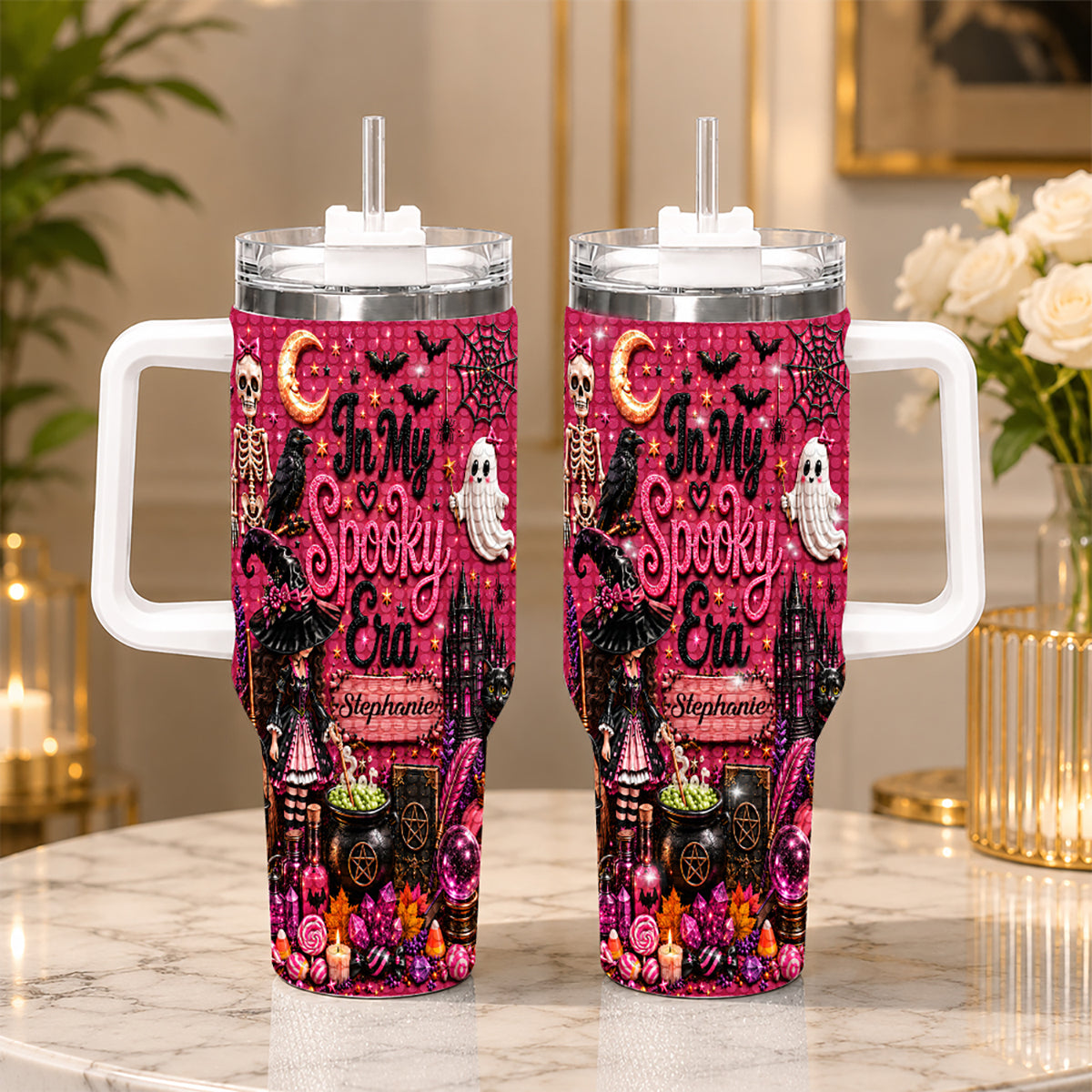 In My Spooky Era - Personalized Pink Halloween 40oz Rhinestone Tumbler With Straw