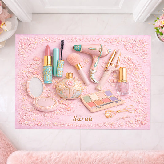 Personalized Makeup Doormat For Makeup Lovers – Custom Name Beauty Room Rug for Bedroom, Bathroom, Vanity Decor - Personalized Doormat