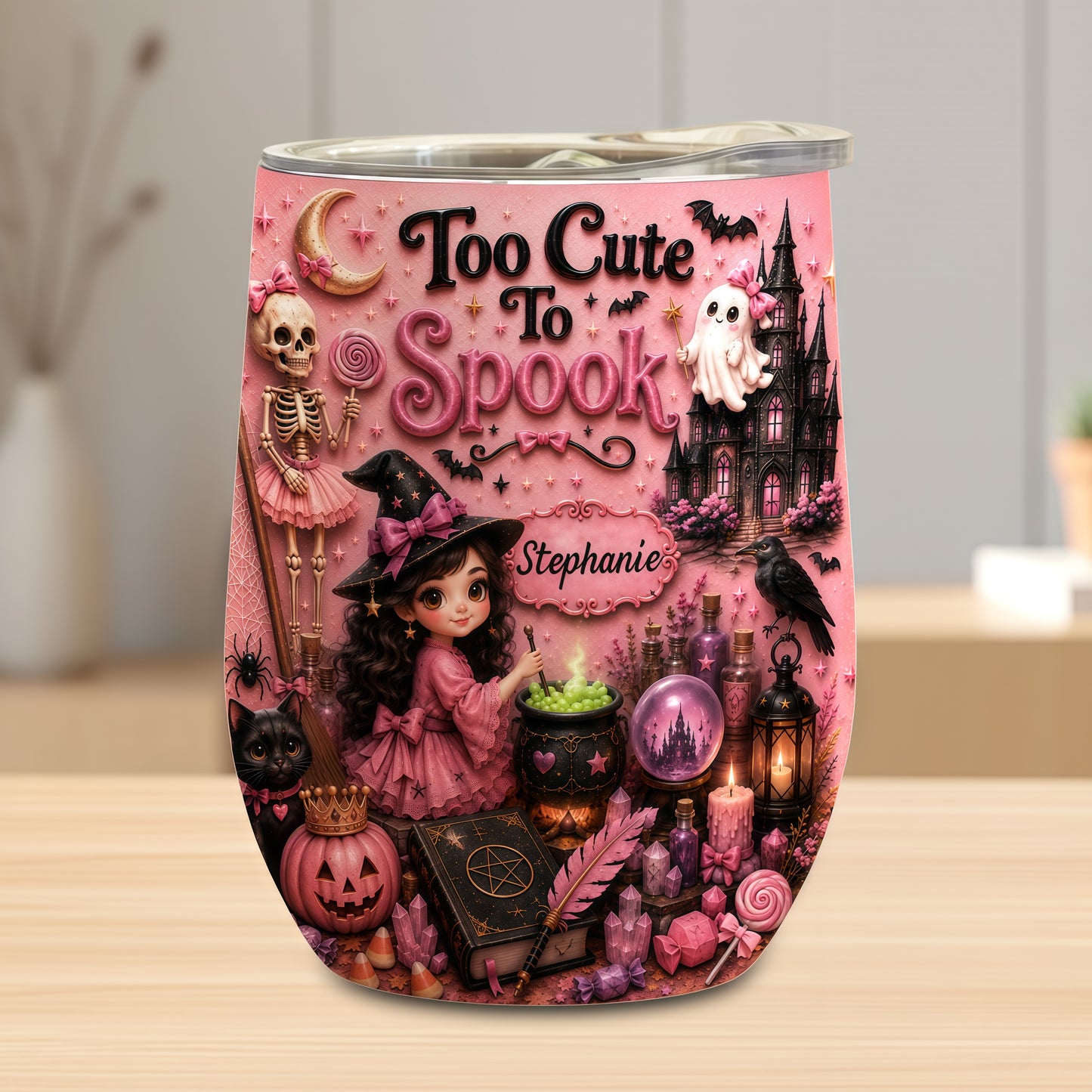 Too Cute To Spook - Personalized Pink Halloween Wine Tumbler - Gift For Halloween