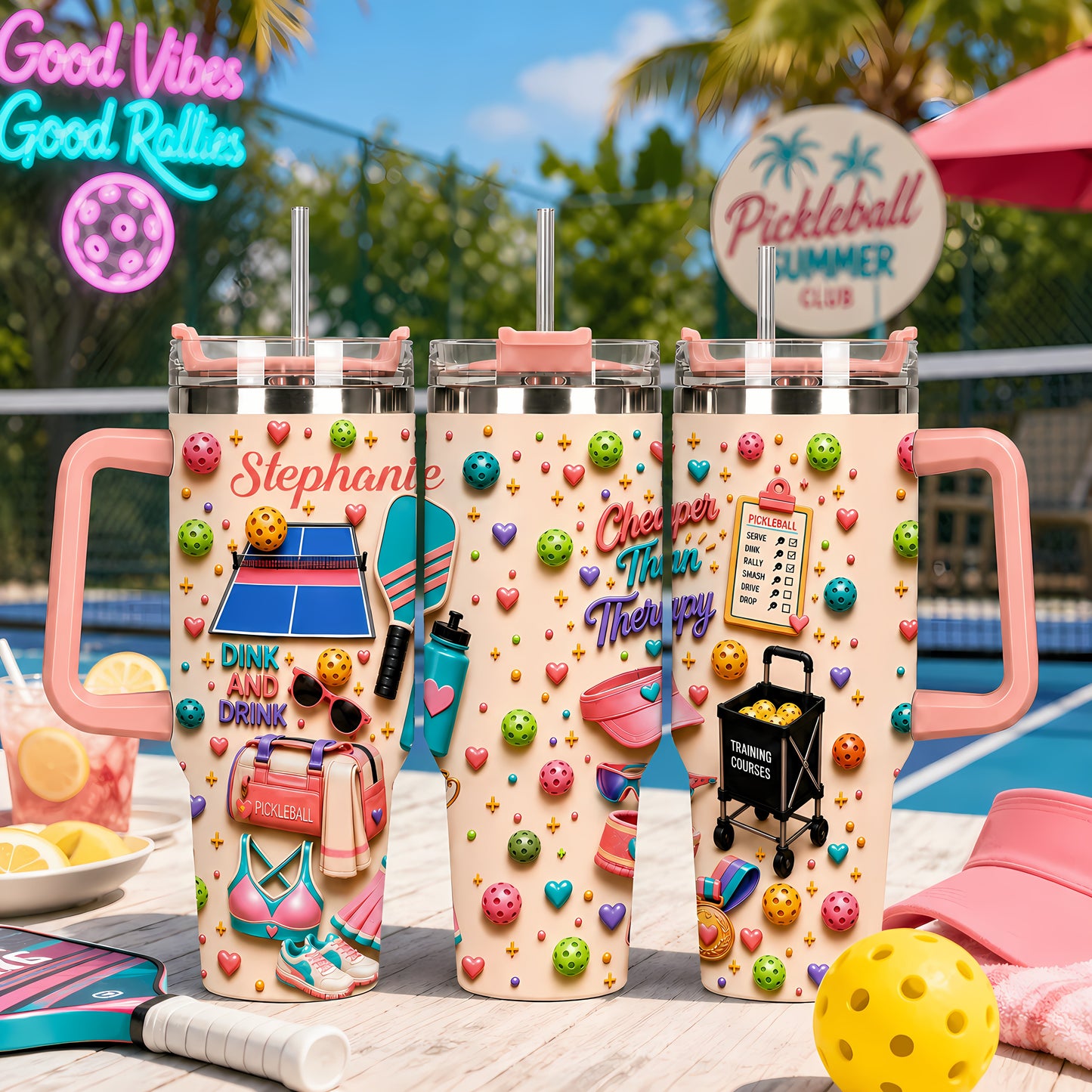 Dink And Drink - Personalized 40oz Pickleball Tumbler With Straw - Pickleball Gifts For Her