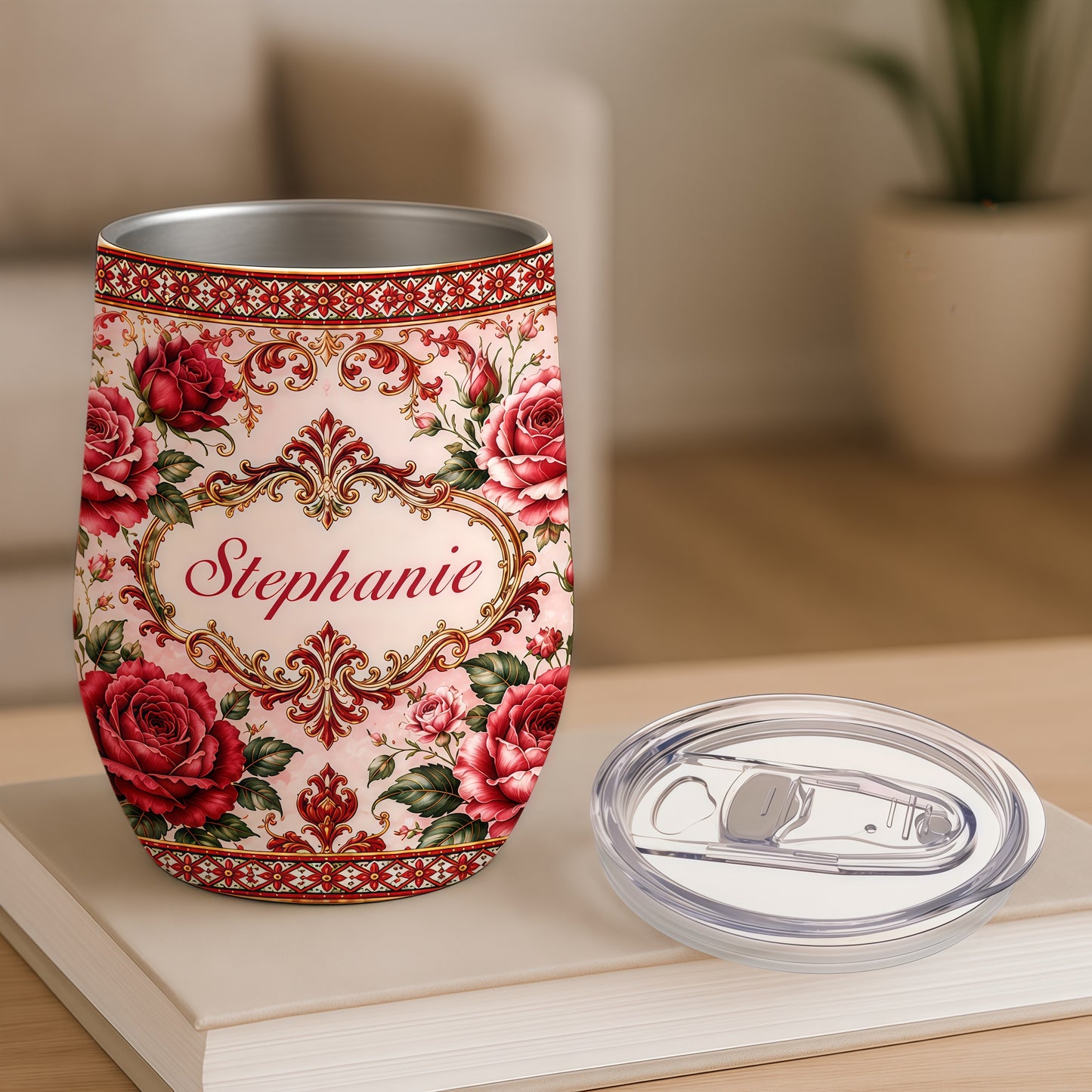 Mediterranean Style & Majolica Print Royal Red Rose - Personalized Wine Tumbler