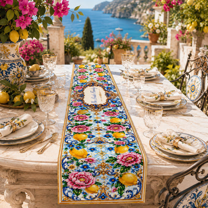Mediterranean Style & Majolica Print Blue Lemon - Personalized Table Runner