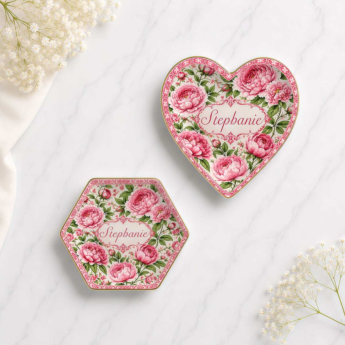 Charming Peony Paradise & Baroque Pattern - Personalized Jewelry Dish - Gift For Her, Bestie, Family Members