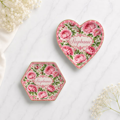 Charming Peony Paradise & Baroque Pattern - Personalized Jewelry Dish - Gift For Her, Bestie, Family Members
