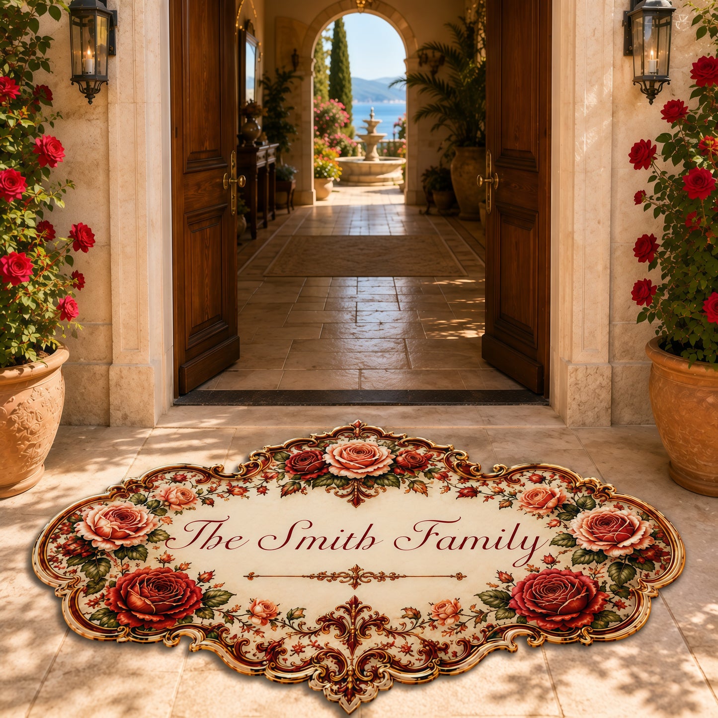 Mediterranean Style & Majolica Print Royal Red Rose - Personalized Shaped Luxurious Doormat