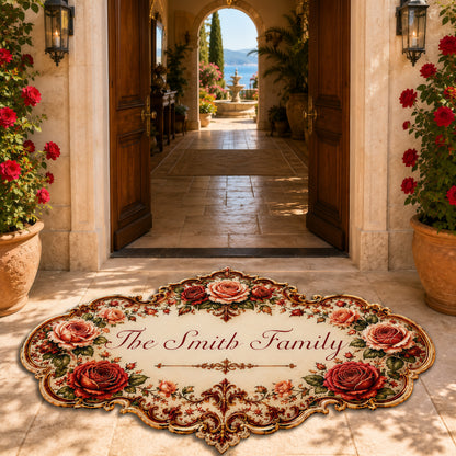 Mediterranean Style & Majolica Print Royal Red Rose - Personalized Shaped Luxurious Doormat
