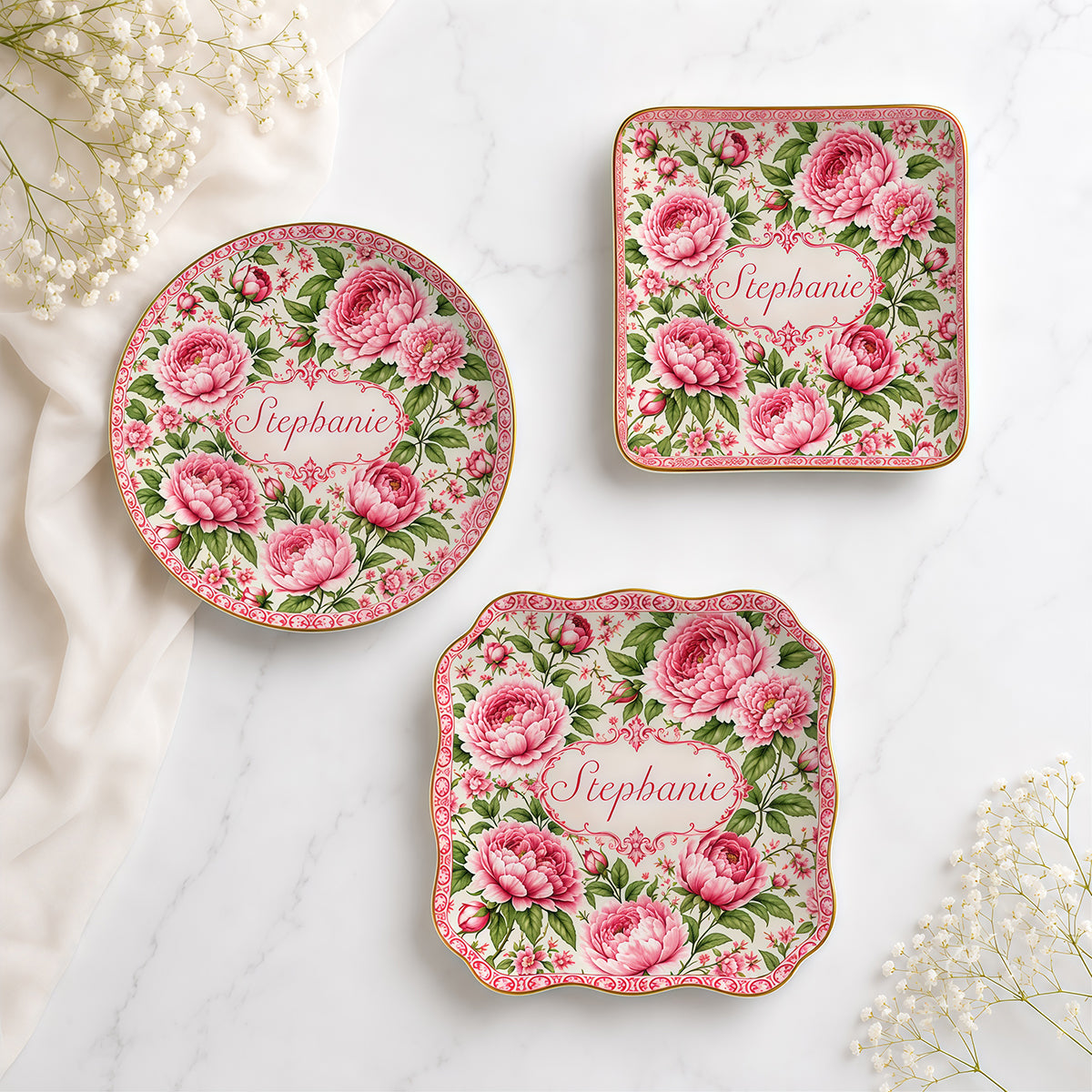 Charming Peony Paradise & Baroque Pattern - Personalized Jewelry Dish - Gift For Her, Bestie, Family Members