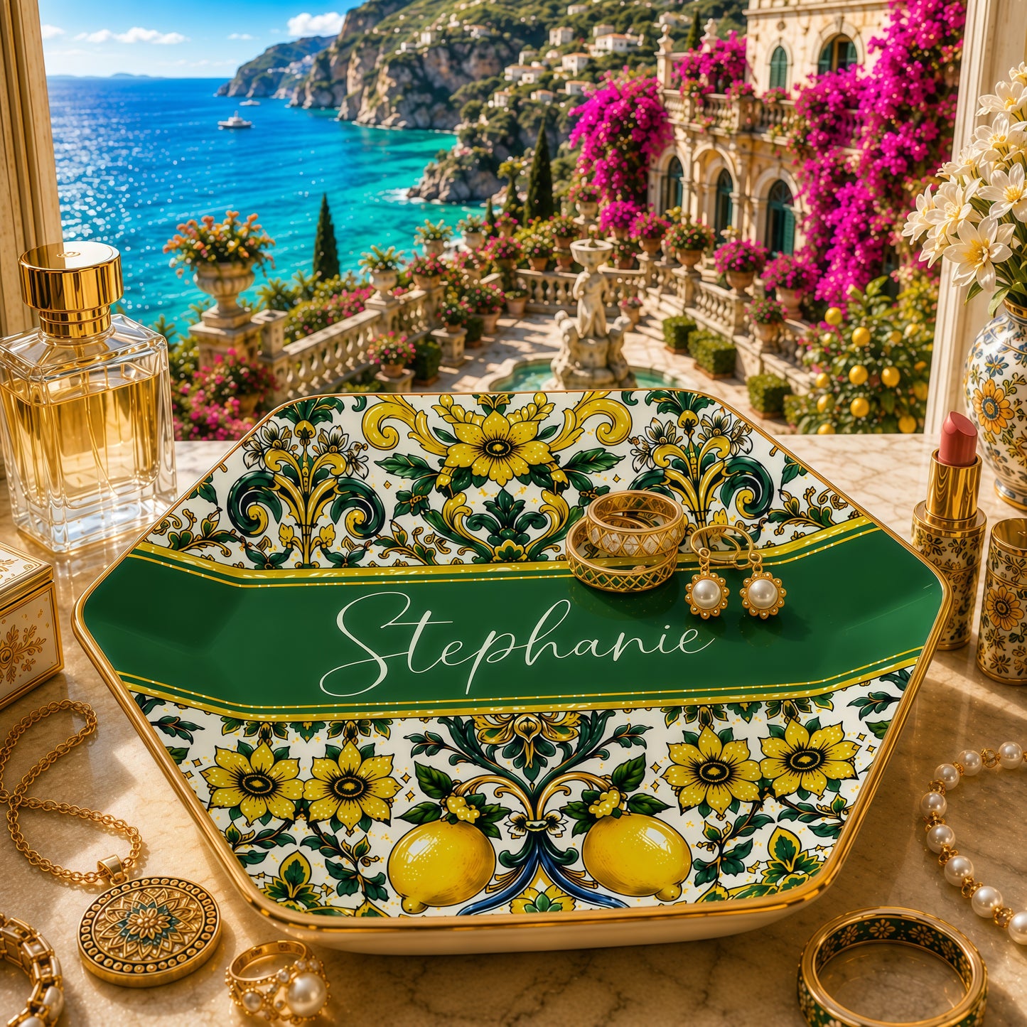 Mediterranean Style & Majolica Print Sun-Kissed Limoncello - Personalized Jewelry Dish