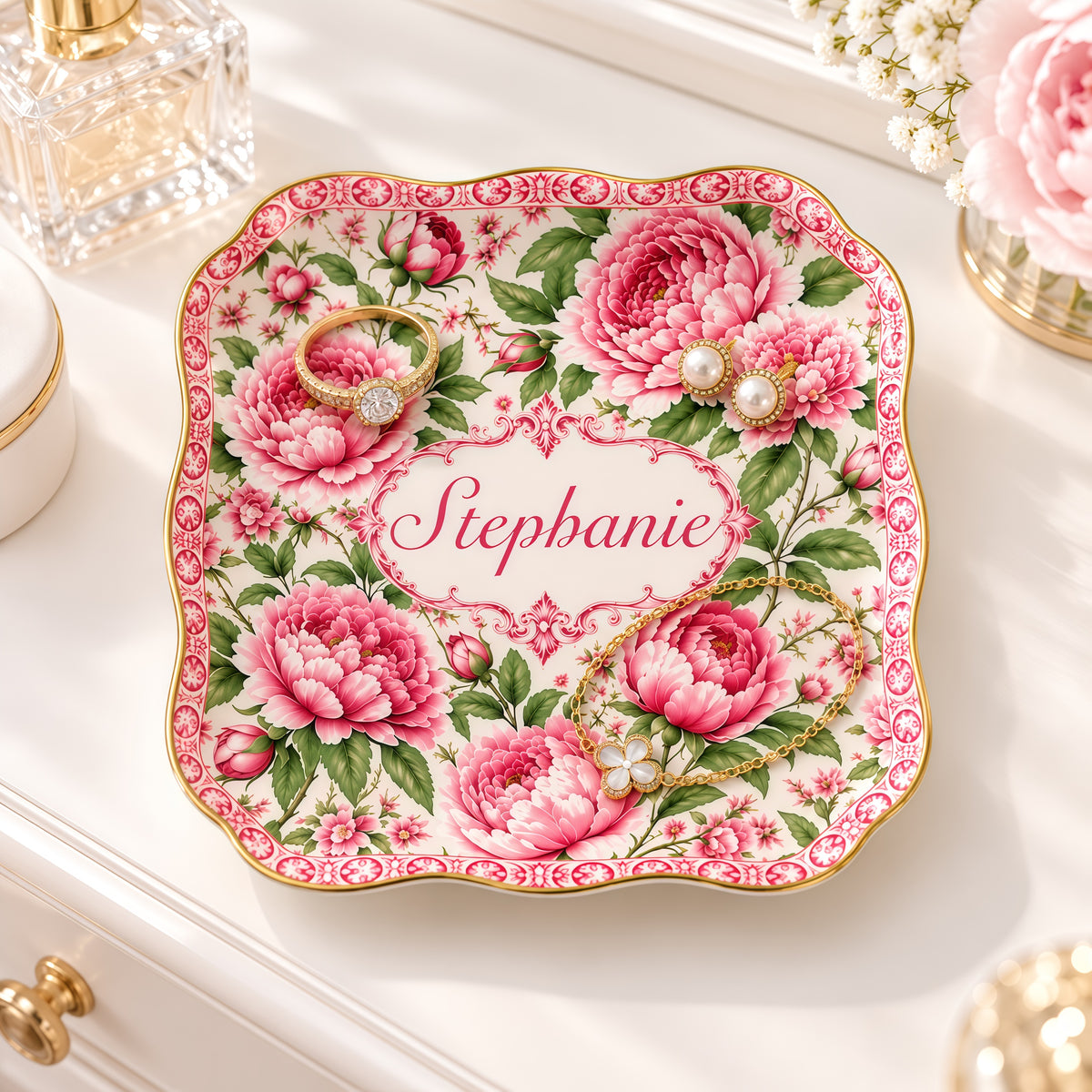Charming Peony Paradise & Baroque Pattern - Personalized Jewelry Dish - Gift For Her, Bestie, Family Members