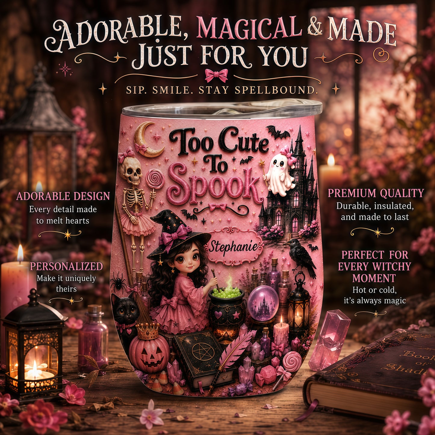 Too Cute To Spook - Personalized Pink Halloween Wine Tumbler - Gift For Halloween