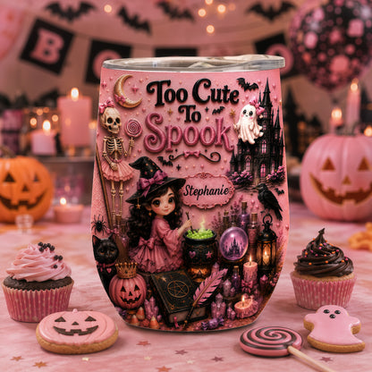 Too Cute To Spook - Personalized Pink Halloween Wine Tumbler - Gift For Halloween