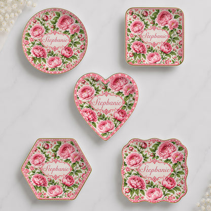 Charming Peony Paradise & Baroque Pattern - Personalized Jewelry Dish - Gift For Her, Bestie, Family Members