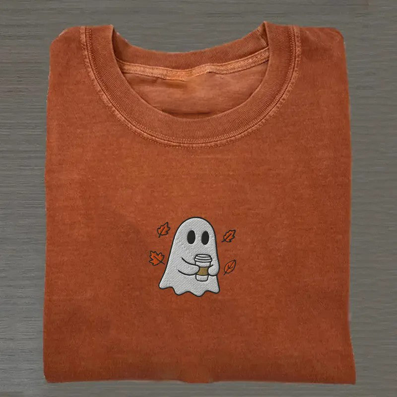 Embroidered Ghost Coffee Lover - Halloween Shirt