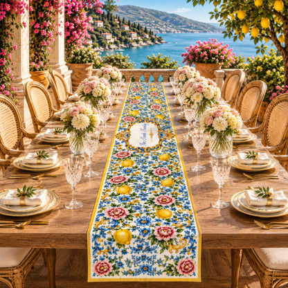 Mediterranean Style & Majolica Print Blue Lemon - Personalized Table Runner
