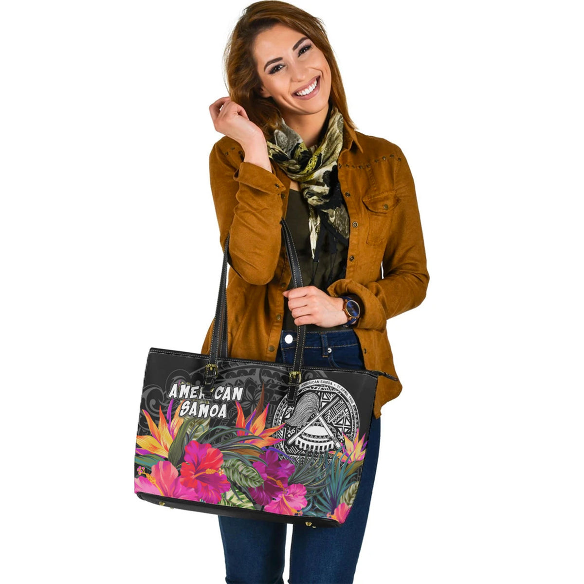 American Samoa Custom Personalised Leather Tote Polynesian Hibiscus Pattern
