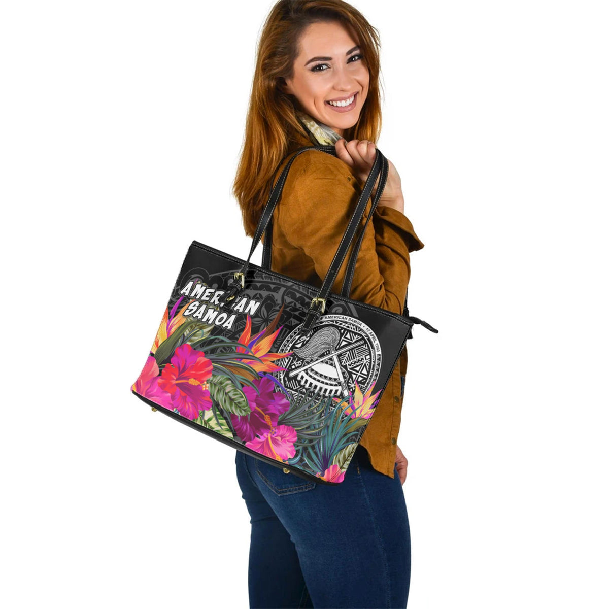 American Samoa Custom Personalised Leather Tote Polynesian Hibiscus Pattern