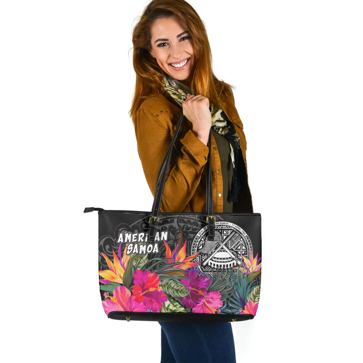 American Samoa Custom Personalised Leather Tote Polynesian Hibiscus Pattern