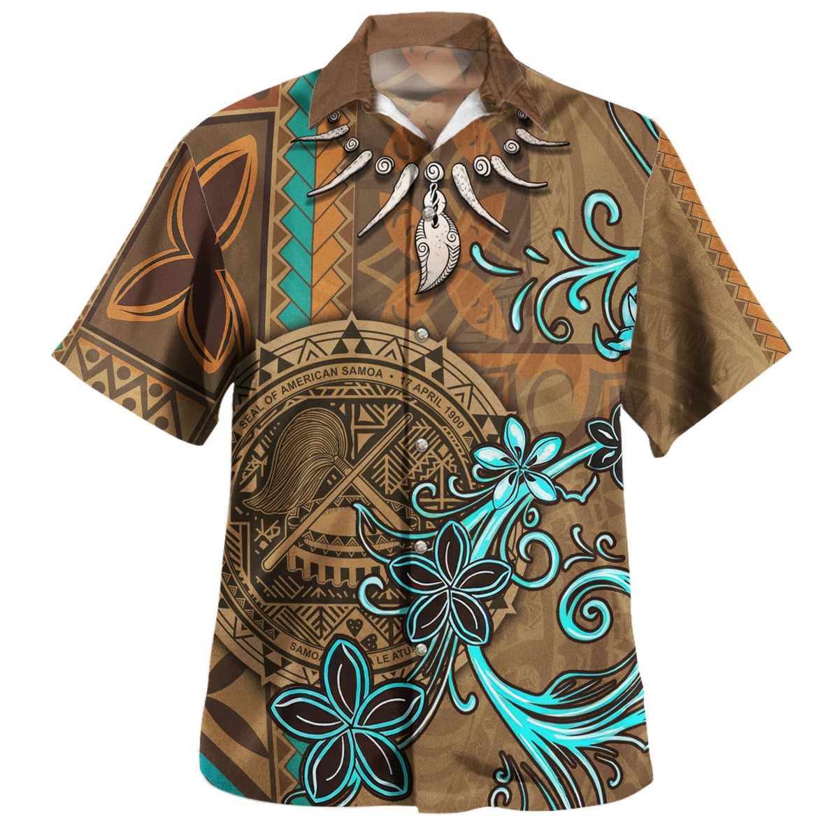 American Samoa Hawaiian Shirt Polynesian Pattern Motif And Teal Boar Tusk-Myprintsy
