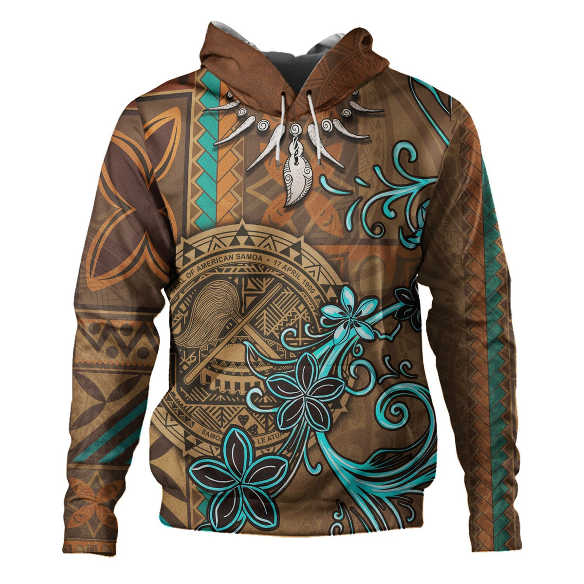 American Samoa Hoodie Polynesian Pattern Motif And Teal Boar Tusk-Myprintsy