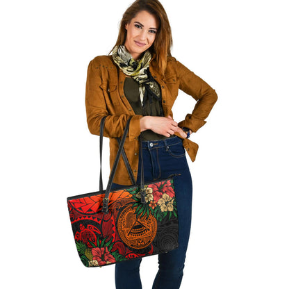 American Samoa Leather Tote Bag Polynesian Turtle Tropical
