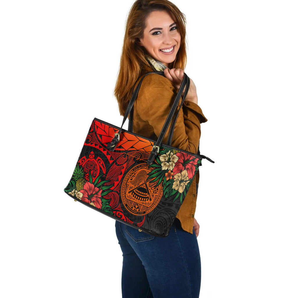 American Samoa Leather Tote Bag Polynesian Turtle Tropical