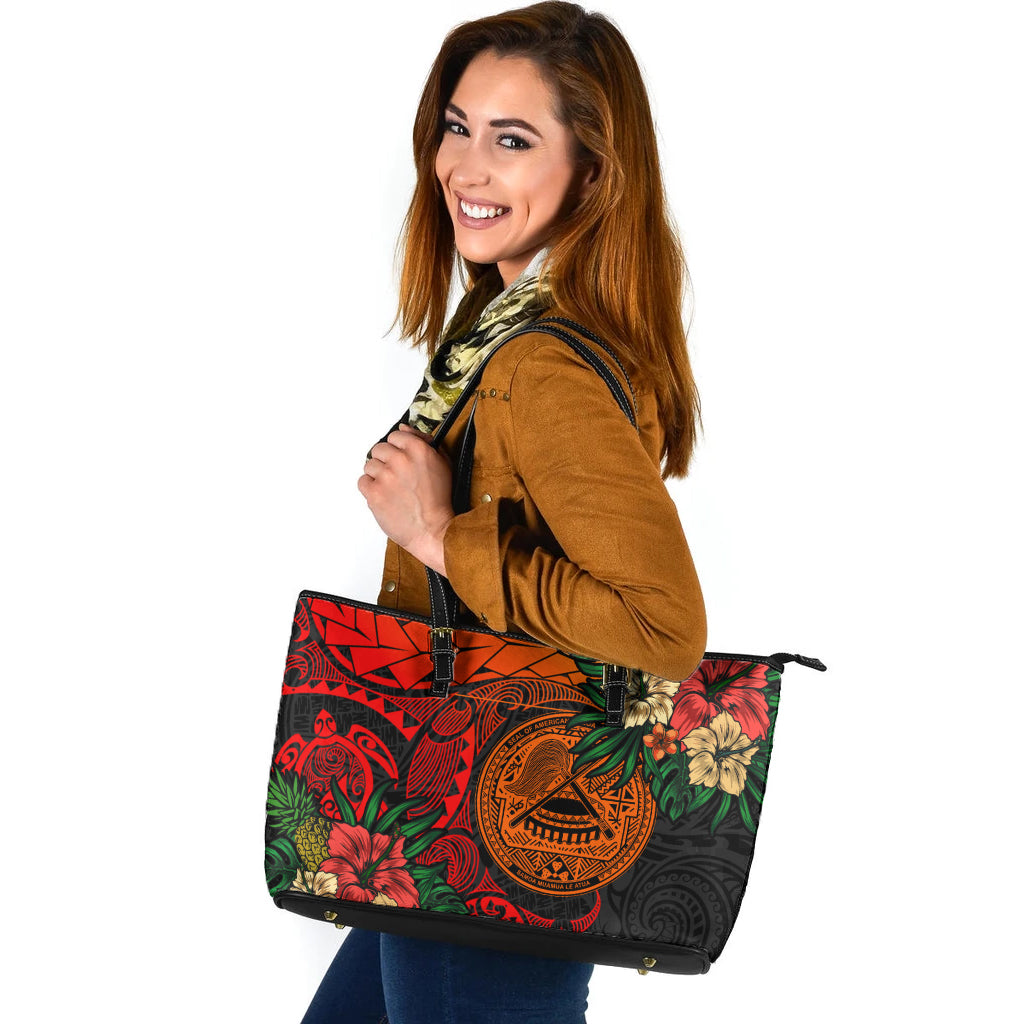American Samoa Leather Tote Bag Polynesian Turtle Tropical