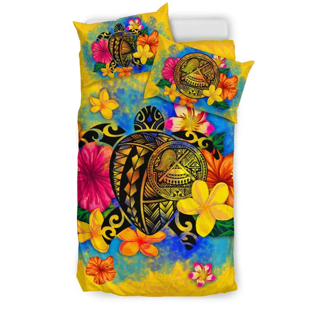 American Samoa Polynesian Bedding Set - Turtle With Plumeria And Hibiscus-Myprintsy