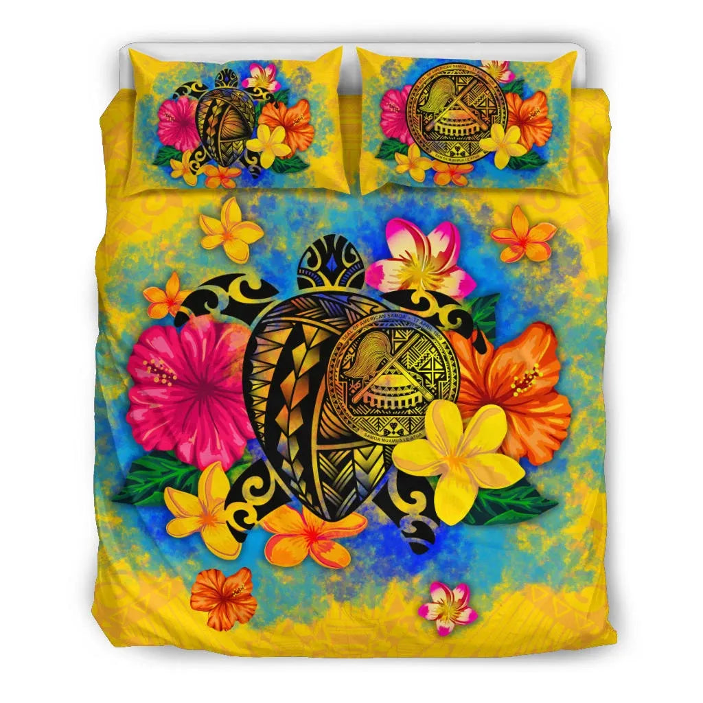 American Samoa Polynesian Bedding Set - Turtle With Plumeria And Hibiscus-Myprintsy