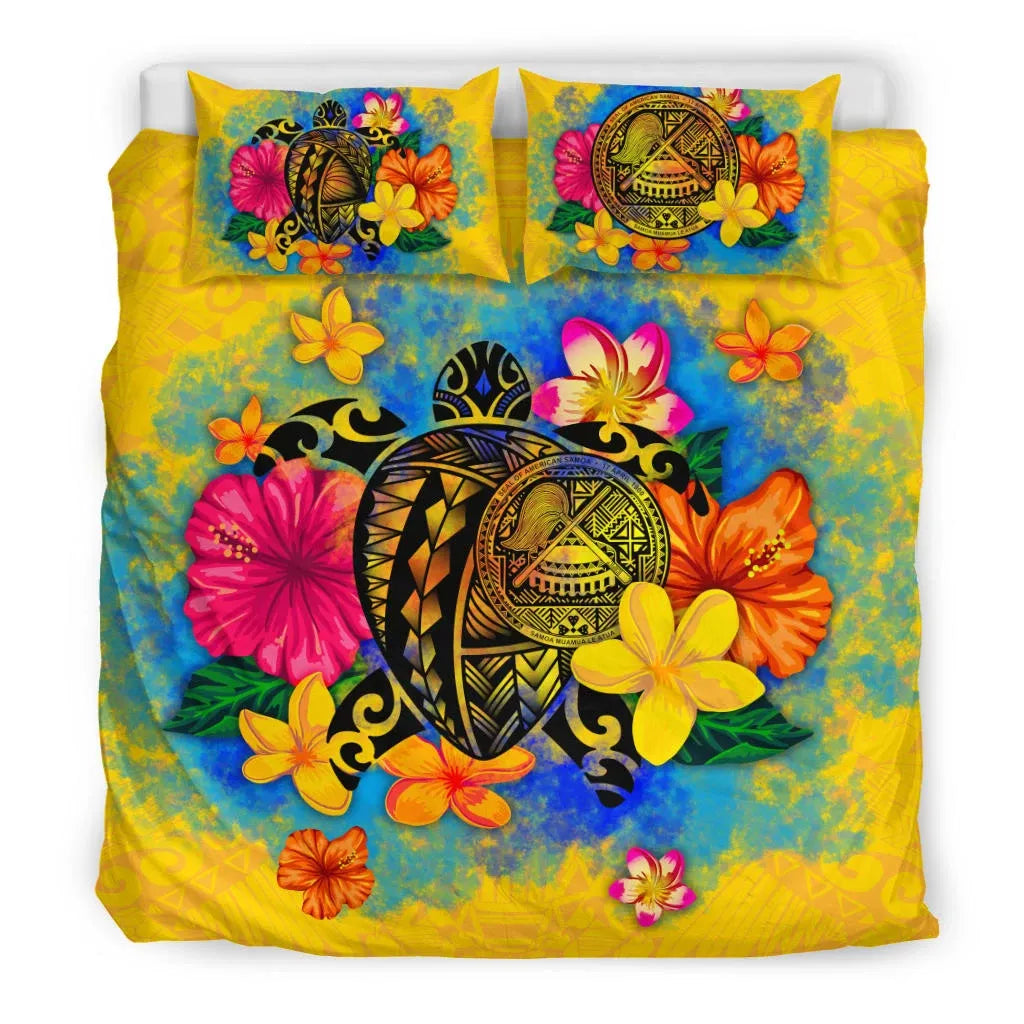 American Samoa Polynesian Bedding Set - Turtle With Plumeria And Hibiscus-Myprintsy