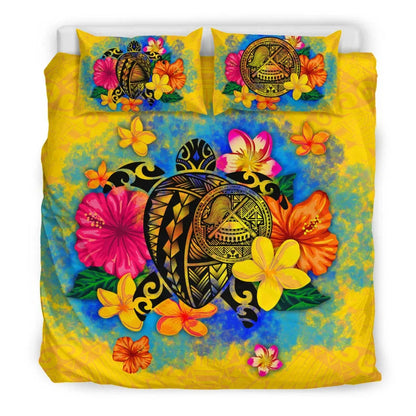 American Samoa Polynesian Bedding Set - Turtle With Plumeria And Hibiscus-Myprintsy