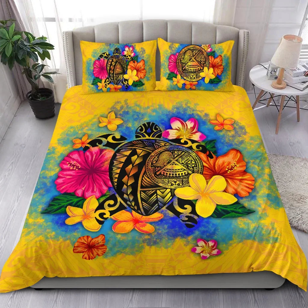 American Samoa Polynesian Bedding Set - Turtle With Plumeria And Hibiscus-Myprintsy