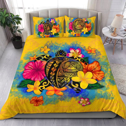 American Samoa Polynesian Bedding Set - Turtle With Plumeria And Hibiscus-Myprintsy
