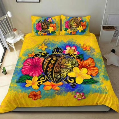 American Samoa Polynesian Bedding Set - Turtle With Plumeria And Hibiscus-Myprintsy