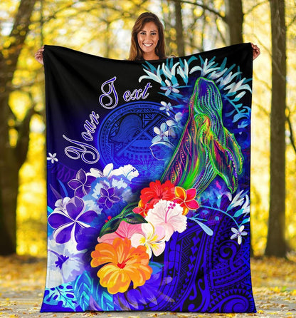 American Samoa Polynesian Custom Personalised Premium Blanket - Humpback Whale with Tropical Flowers-Myprintsy