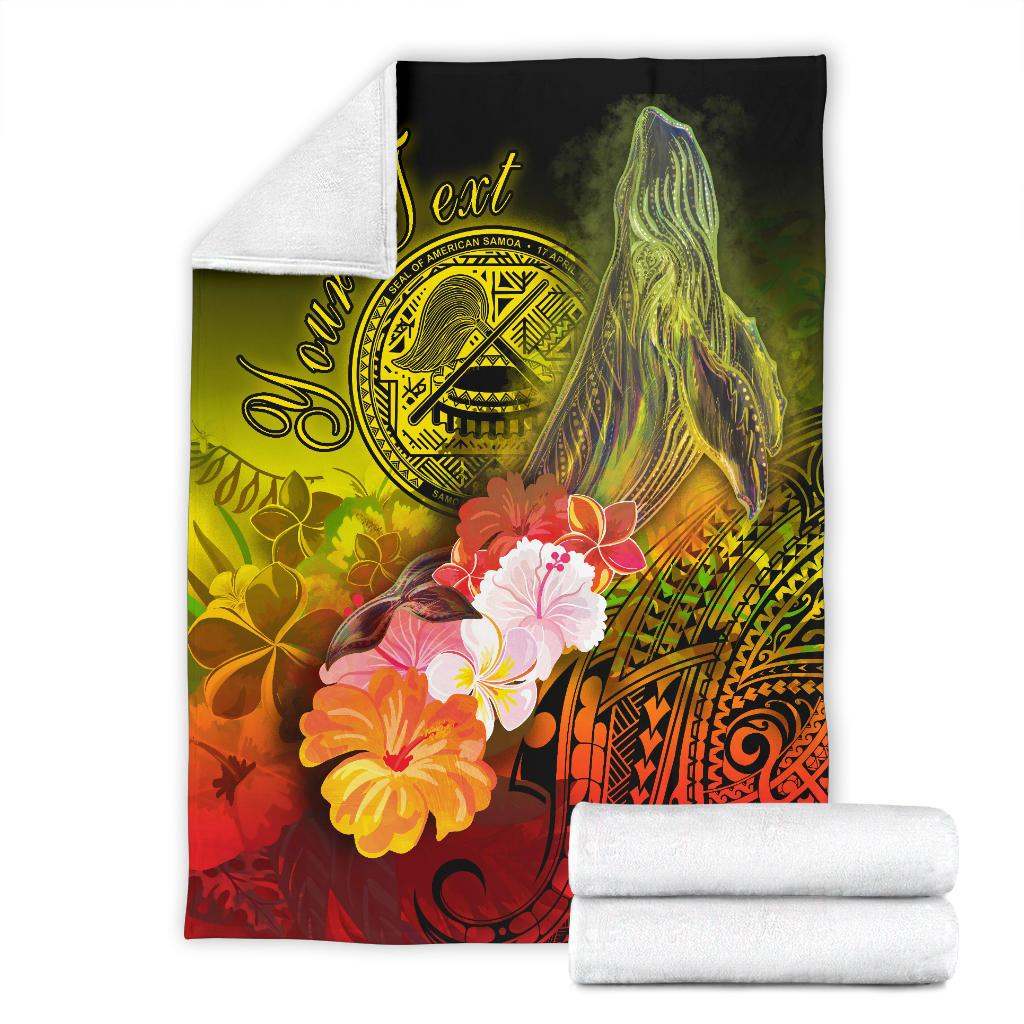American Samoa Polynesian Custom Personalised Premium Blanket - Humpback Whale with Tropical Flowers-Myprintsy