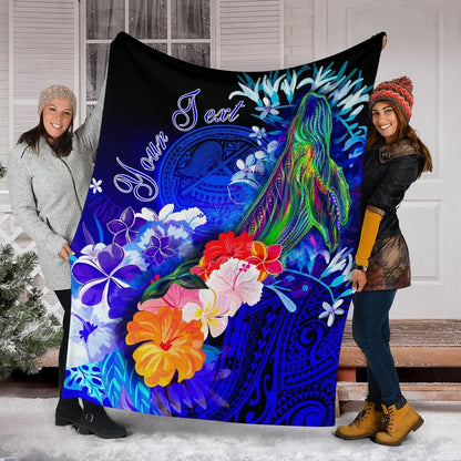 American Samoa Polynesian Custom Personalised Premium Blanket - Humpback Whale with Tropical Flowers-Myprintsy