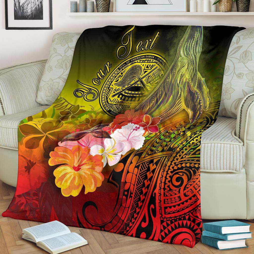 American Samoa Polynesian Custom Personalised Premium Blanket - Humpback Whale with Tropical Flowers-Myprintsy