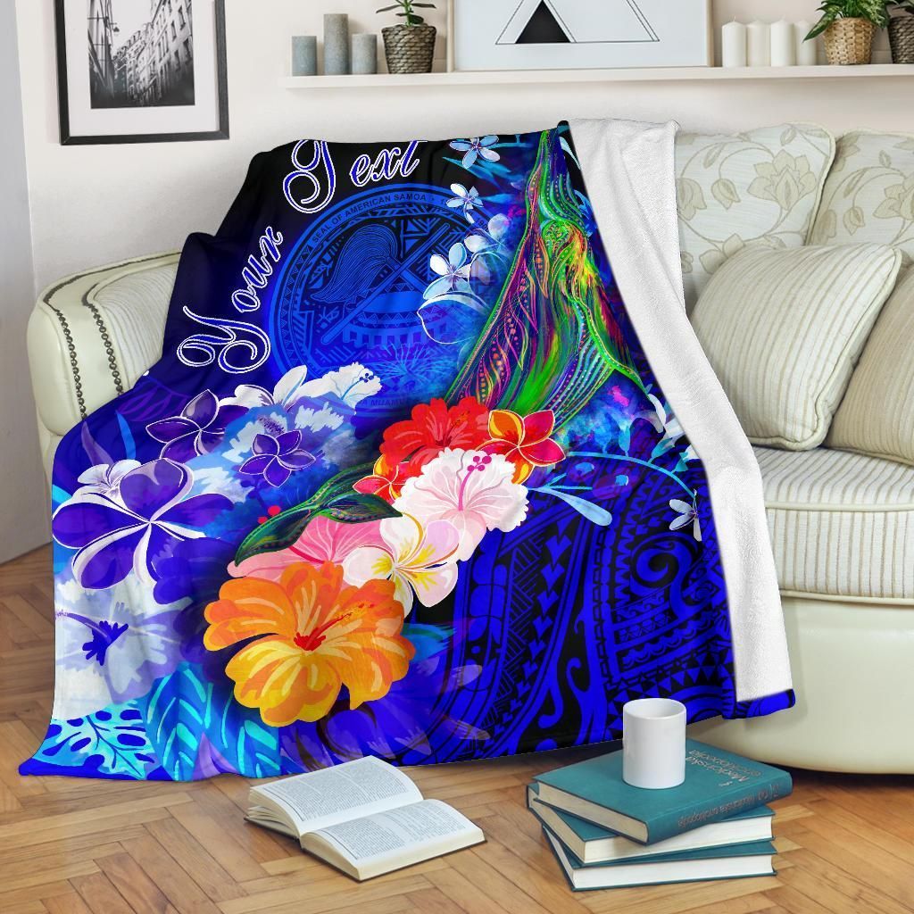 American Samoa Polynesian Custom Personalised Premium Blanket - Humpback Whale with Tropical Flowers-Myprintsy