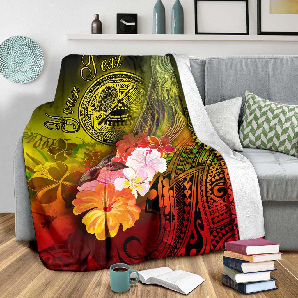 American Samoa Polynesian Custom Personalised Premium Blanket - Humpback Whale with Tropical Flowers-Myprintsy