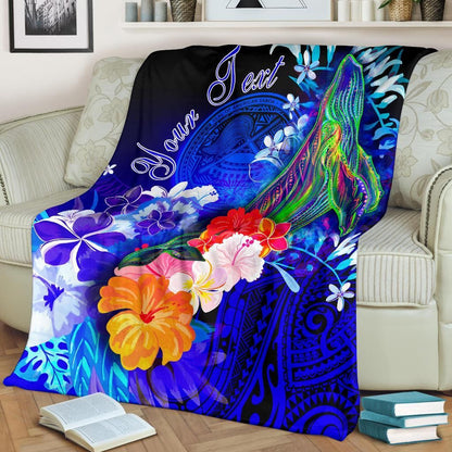 American Samoa Polynesian Custom Personalised Premium Blanket - Humpback Whale with Tropical Flowers-Myprintsy