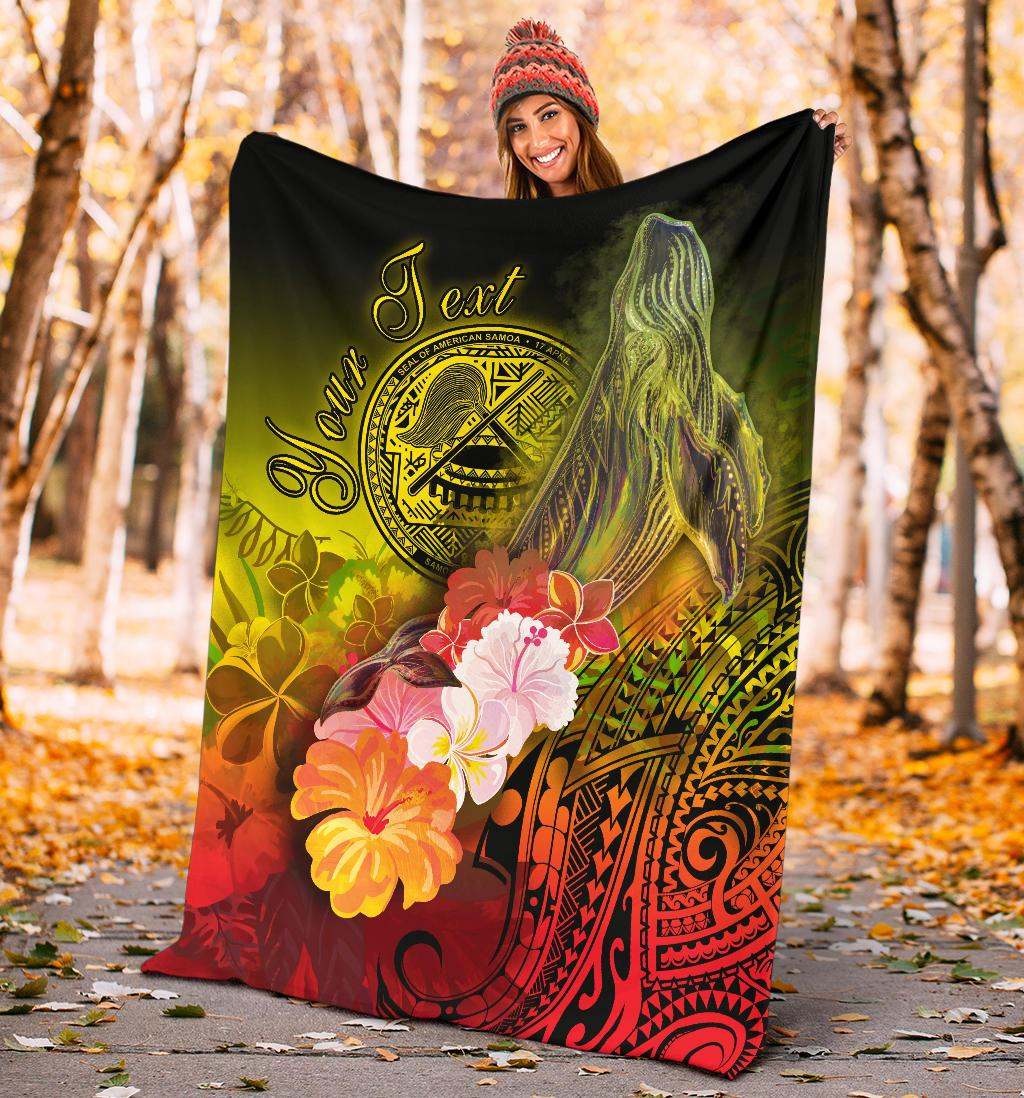 American Samoa Polynesian Custom Personalised Premium Blanket - Humpback Whale with Tropical Flowers-Myprintsy
