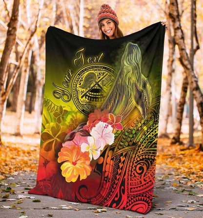 American Samoa Polynesian Custom Personalised Premium Blanket - Humpback Whale with Tropical Flowers-Myprintsy