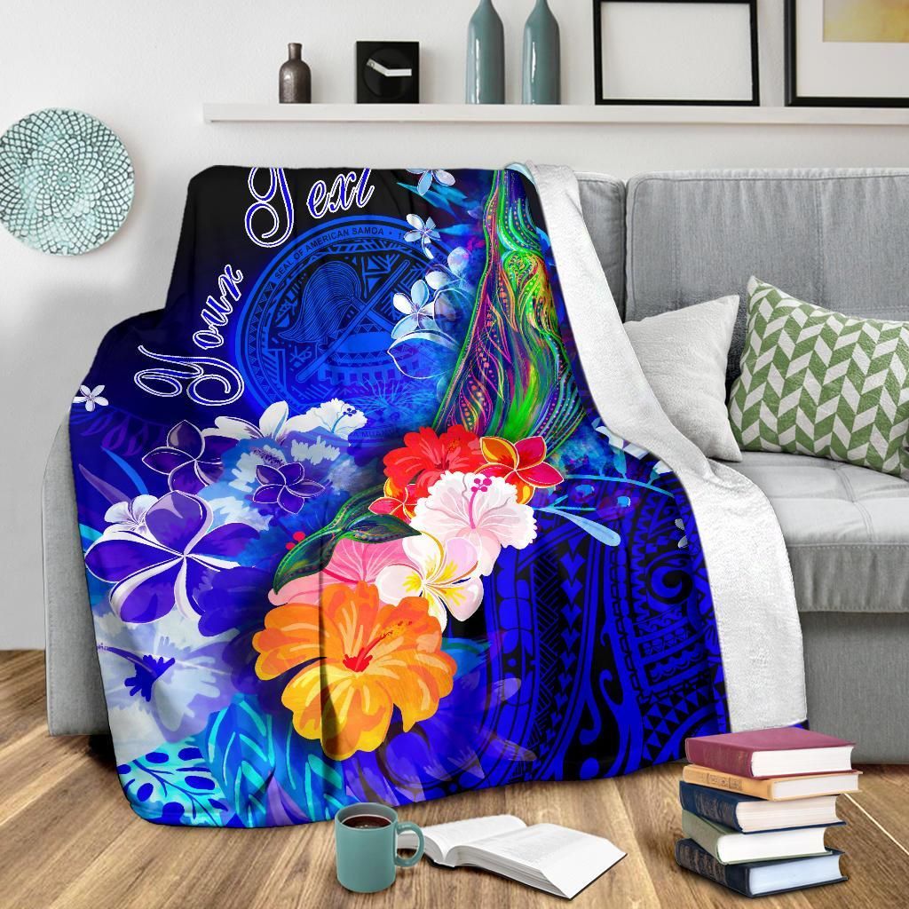 American Samoa Polynesian Custom Personalised Premium Blanket - Humpback Whale with Tropical Flowers-Myprintsy
