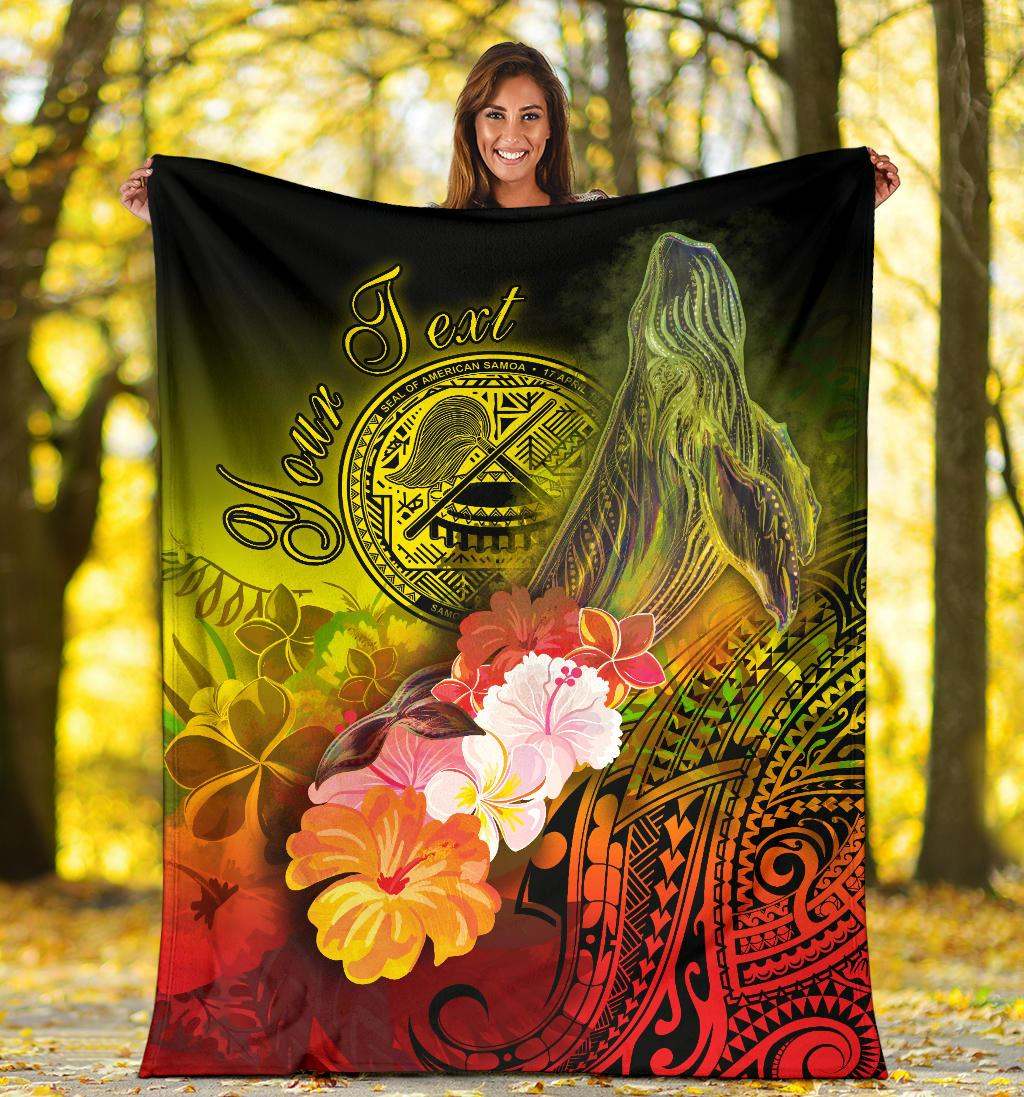American Samoa Polynesian Custom Personalised Premium Blanket - Humpback Whale with Tropical Flowers-Myprintsy