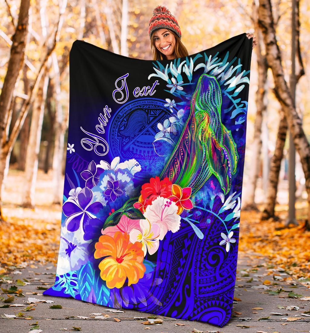 American Samoa Polynesian Custom Personalised Premium Blanket - Humpback Whale with Tropical Flowers-Myprintsy