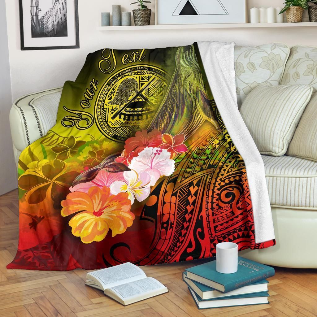 American Samoa Polynesian Custom Personalised Premium Blanket - Humpback Whale with Tropical Flowers-Myprintsy